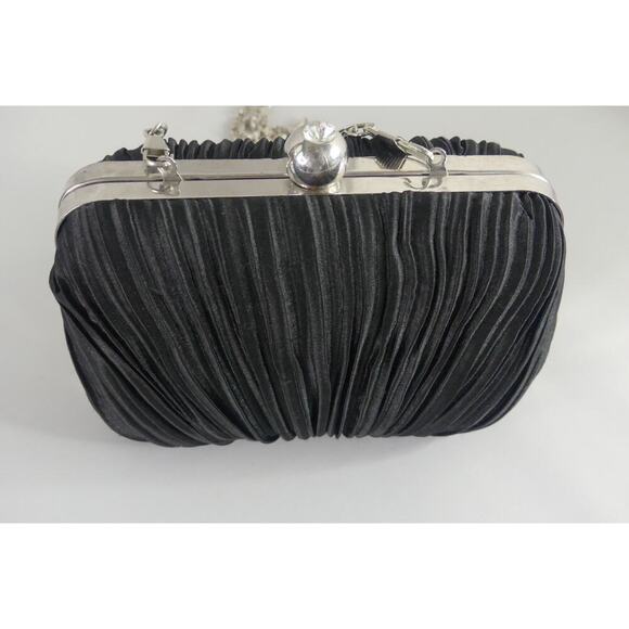 JACQUELINE FERRAR Black Satin Clutch Purse Pleated Vtg Silver Chain Crossbody - Picture 2 of 8